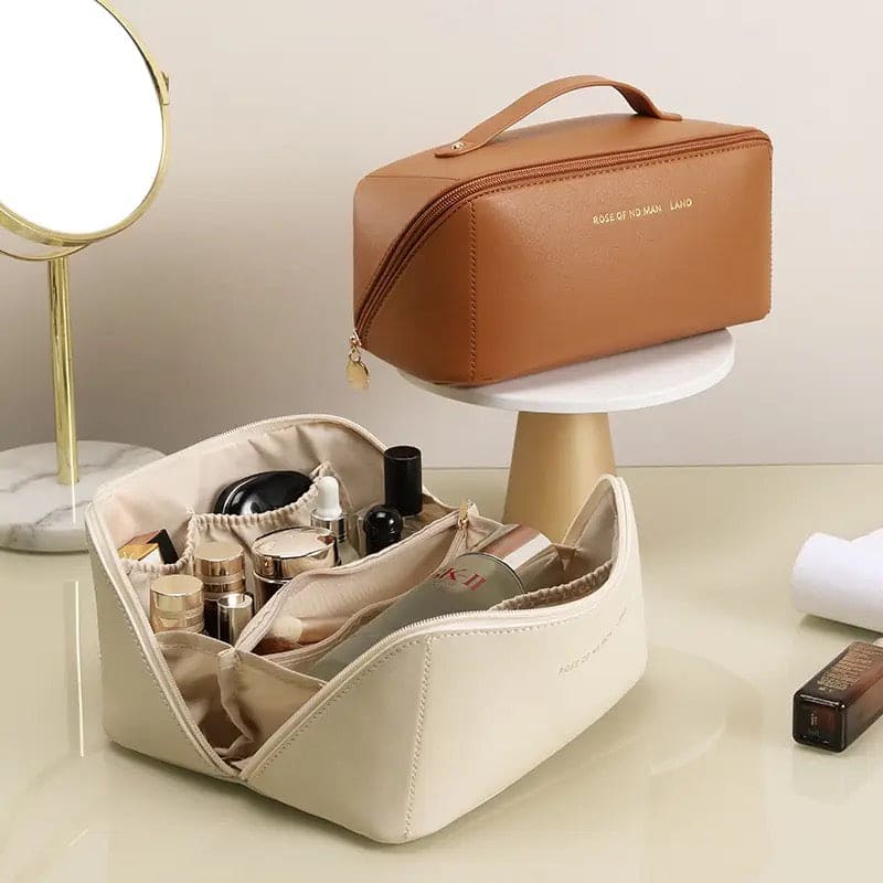 Classy Cosmetic Bag, Portable Leather Makeup Pouch, Waterproof Travel Washbag, Large Opening Makeup Bag, Multifunctional Leather Organizer Bag With Dividers And Handle, Lay Flat Large Opening Makeup Bag Classy Cosmetic Bag, Portable Leather Makeup Pouch, Waterproof Travel Washbag, Large Opening Makeup Bag, Multifunctional Leather Organizer Bag With Dividers And Handle, Lay Flat Large Opening Makeup Bag